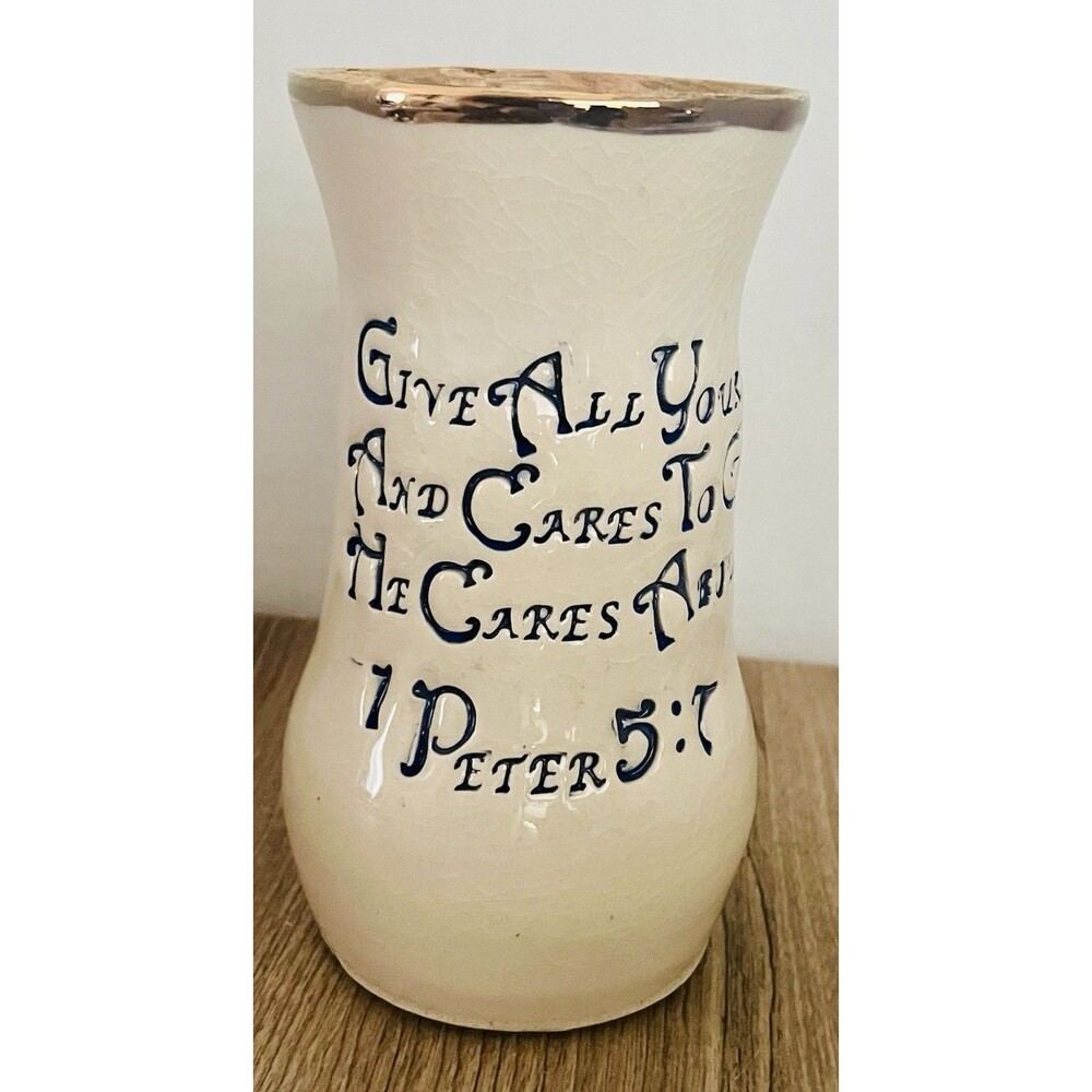 Vintage ceramic Sean Salske Pottery Vase Pen Holder With Bible Verse Gold Rim